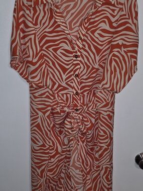 SHEIN Orange and Cream Zebra-Print Button Front Tie-Waist Tunic